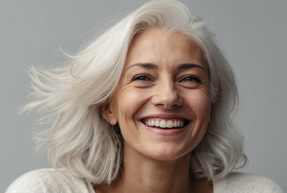 Visage d une femme agee souriante avec les cheveux gris laser erbium | Dr Aida Cheriet Paris