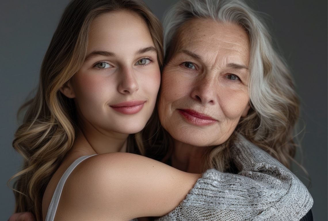 Photo stylisee de deux femmes de differente age se donnant un calin injections de toxine botulique | Dr Aida Cheriet Paris